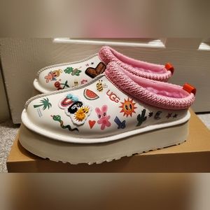 UGG Tazz Pop Sketch Karol G White Pink Slippers Women's Tik Tok Slides Mule Clog